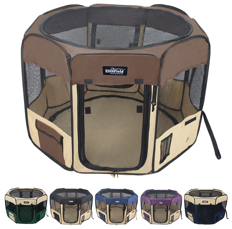 EliteField 2-Door Soft Pet Playpen (2 Year Warranty), Exercise Pen, Multiple Sizes and Colors Available for Dogs, Cats and Other Pets (52" x 52" x 32"H, Brown+Beige) - Image 1